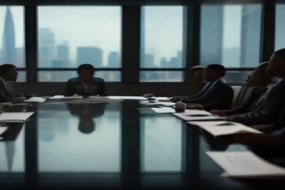Executives around a boardroom table reviewing reports.
