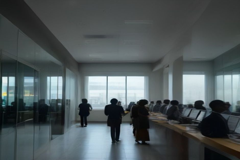 A busy bank branch banking hall in Lagos, customers waiting at the counter.