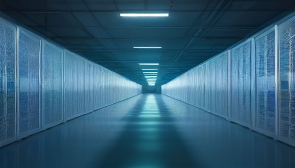 Rows of racks inside a data centre hall, cool lighting.