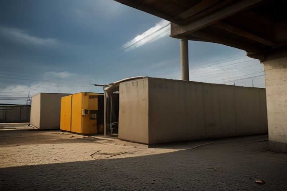 A diesel generator outside a Nigerian commercial building, fuel drums beside it.