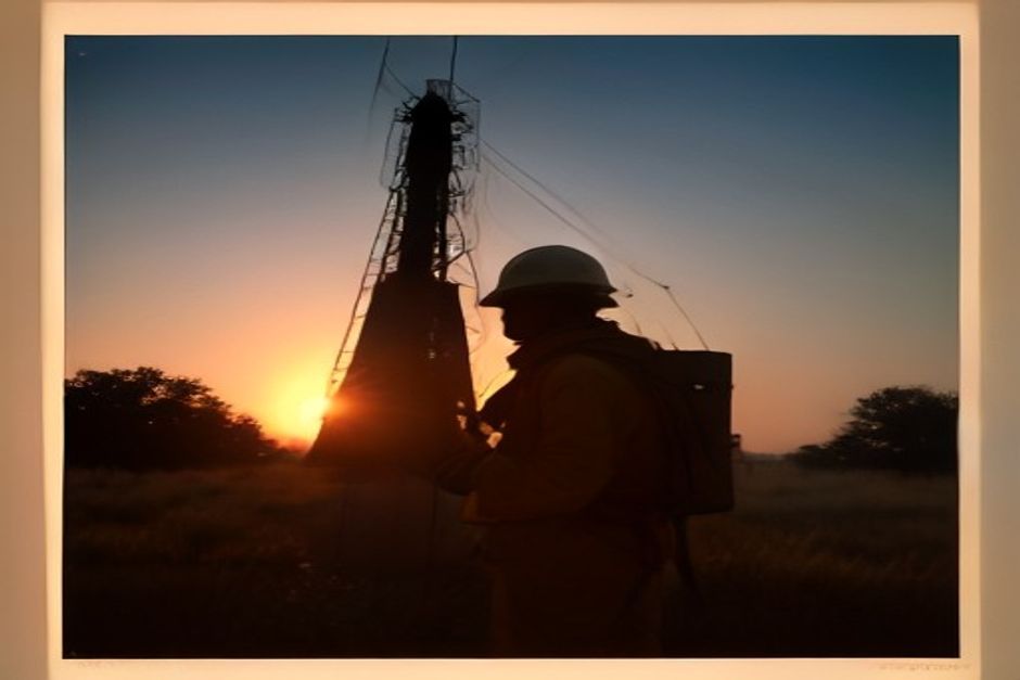A telecoms mast standing in open field terrain at dusk.