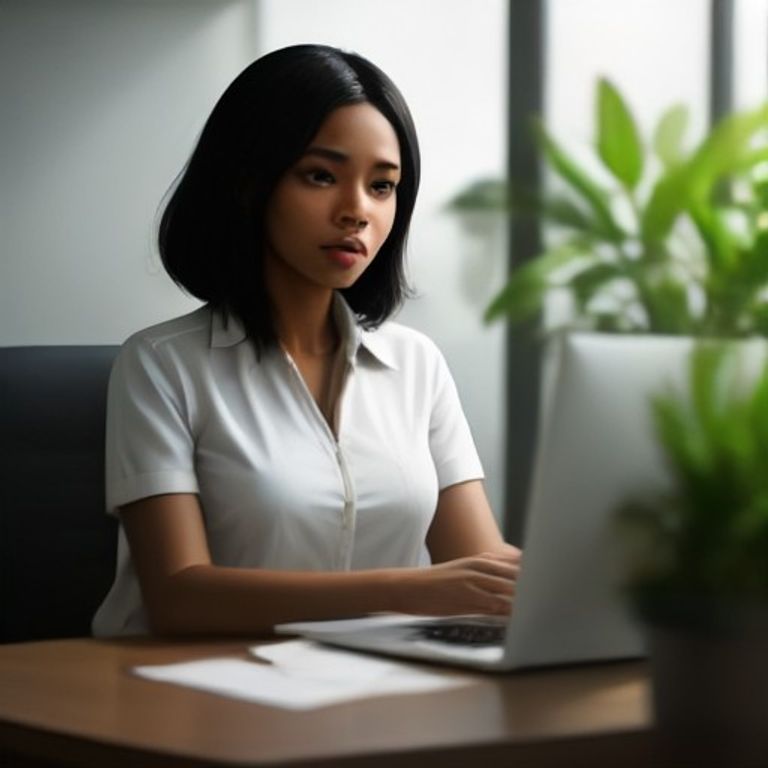 A woman working at a laptop in a small business office.